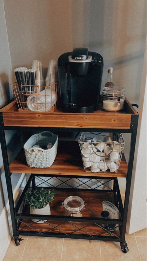 i’m Bar Cart Coffee Station Ideas, Apartment Decorating Coffee Bar, Coffee Cart Decor Ideas, Coffee Cart At Home, Espresso Bar Cart, Coffee Bar Cart Aesthetic, Coffee And Tea Cart, Coffee Bar Cart Ideas Small Spaces, Coffee Cart Ideas Home