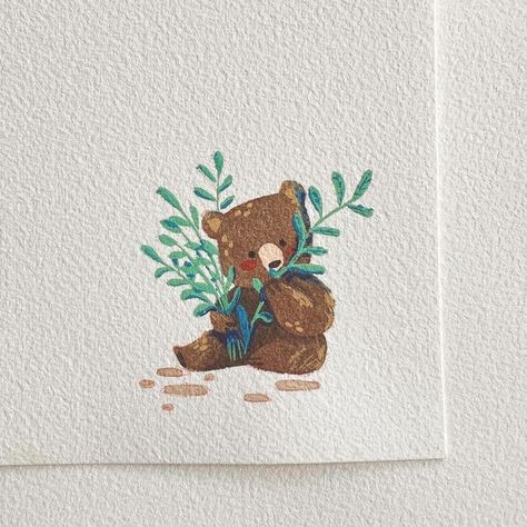 Cute Watercolor Illustration, Cute Watercolour Ideas, Easy Watercolor Drawing, Cute Bear Painting, Bear Art Cute, Watercolour Pencil Art, Small Watercolor Paintings, Doodle Watercolor, Beginner Watercolor