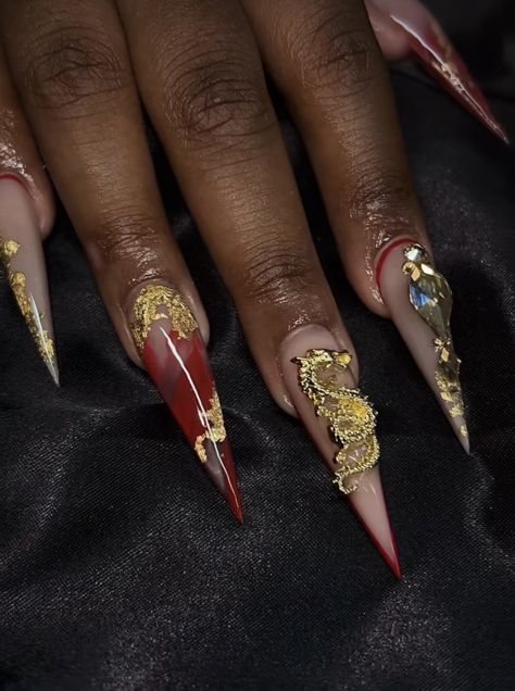 Extra Gold Nails, Chinese Inspired Nails, Chinese Dragon Nails, Extra Baddie Nails, Stiletto Nails Red, Nails Red And Gold, Nails Dragon, Acrylic Nails Red, Red And Silver Nails