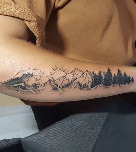 Inked Nature: Best Mountain Tattoo Ideas for Everyone — InkMatch Mountain Ocean Forest Tattoo, California Sleeve Tattoo Ideas, Mountain Half Sleeve Tattoo, Mountain To Sea Tattoo, Pacific Northwest Tattoo Ideas, Mountain Leg Tattoo, Nature Tattoo Women, Mountain And River Tattoo, Mountain Sleeve Tattoo Women