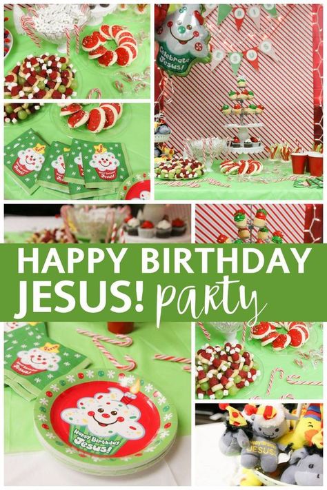 Birthday Party For Jesus, Christmas Themed Birthday Party, Childrens Ministry Christmas, Kids Church Christmas, Happy Birthday Jesus Party, Christian Christmas Games, Preschool Christmas Party, Jesus Birthday Party, Church Christmas Party