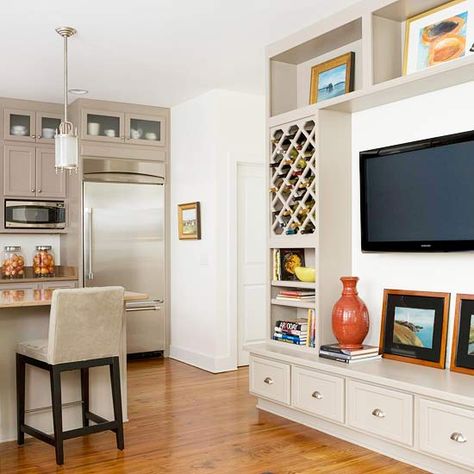 Boost Storage with a Single Wall. Could consider this idea on the wall in the living room?? Tv Shelving, Built In Wine Rack, Budget Remodel, Tv Wall Mount, Modern Upholstery, Tv Wall Design, Wall Units, Media Wall, Wall Mounted Tv