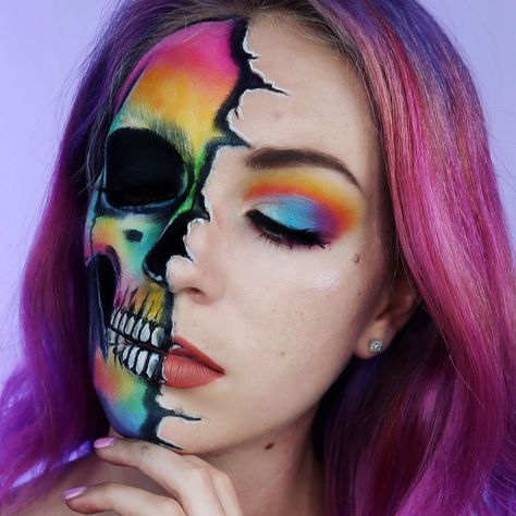 Rainbow Skeleton Costume, Colorful Skeleton Makeup, Rainbow Skeleton Makeup, Colorful Skull Makeup, Rainbow Skull Makeup, Colorful Halloween Makeup, Half Skull Makeup, Im Okay, Halloween Makeup Witch