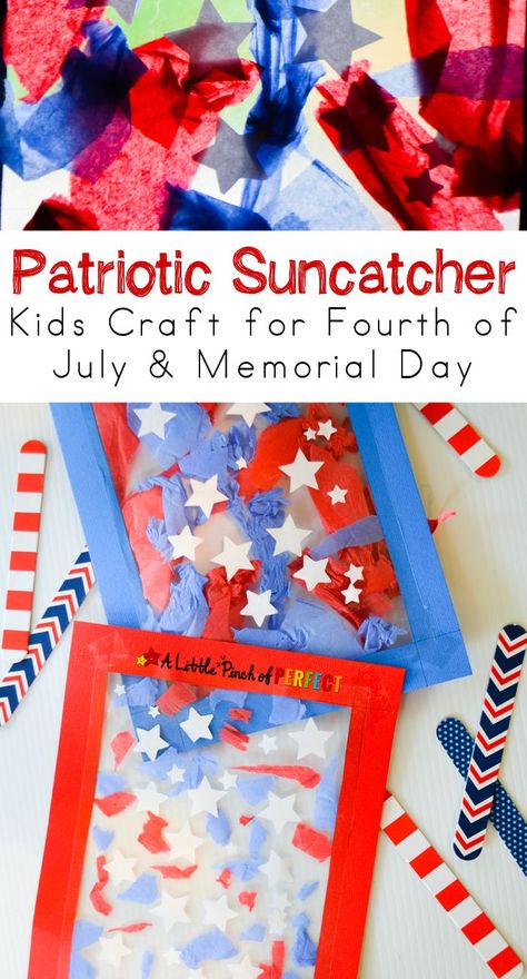 Patriotic Suncatcher Kids Craft for Fourth of July & Memorial Day - very easy craft for kids! Patriotic Suncatcher, July Crafts For Kids, 4th Of July Crafts, Fourth Of July Crafts For Kids, 4th July Crafts, Suncatcher Craft, Flag Day, Patriotic Crafts, July Crafts