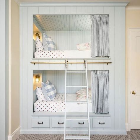 Bunkrooms: Do or Don't? - Carlton Landing Cabin Bunk Room, Establish Design, Built In Bunk Beds, Shiplap Trim, Blue Plaid Pillows, Double Bunk Beds, White Bunk Beds, Shared Girls Bedroom, Bunk Beds Built In