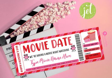 Cinema Invitation, Valentines Scavenger Hunt, Valentines Party Games, Movie Ticket Birthday Invitations, Ticket Birthday Invitation, Movie Night Invitations, Valentines Movies, Valentine Date, Valentine Party Game