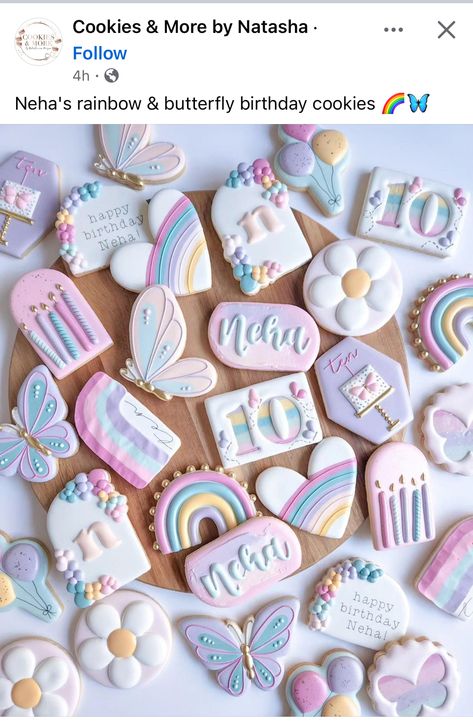 10% Happier, Cookies For Kids, Rainbow Butterfly, Butterfly Birthday, Birthday Cookies, 5th Birthday, 4th Birthday, Cookie Decorating, Happy Birthday