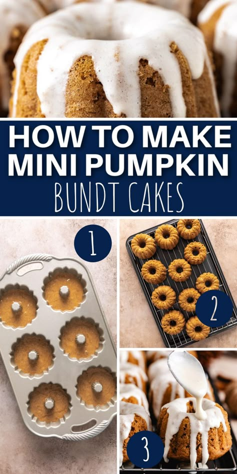 Collage showing how to make mini pumpkin spice bundt cakes. Mini Pumpkin Spice Bundt Cakes, Nothing Bundt Cakes Bundtinis, Fall Mini Bundt Cake Recipes, Pumpkin Mini Bundt Cakes, Pumpkin Mold Recipes, Mini Pumpkin Bundt Cakes, Bundt Cake Recipes Mini, Mini Bundt Cake Recipes From Mix Boxes, Moist Bundt Cake Recipes