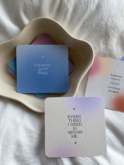 💌  Positive affirmation cards designed in 12 unique colours to promote happiness 🌱 Perfect gift for a loved one or for yourself to encourage self care, mindfulness and positive thinking every day ☁️ These cards are aimed to uplift your mood and remind yourself to be kind to yourself and your mind  The cards:   This deck of cards contain 12 unique designs and words, one for each month of the year (6 of the designs can be viewed in the photos, and 6 will remain a mystery until they arrive) 💗 Cards are handmade and printed on luxury 300 gsm linen card stock.  Sizes are 9cm x 10cm approx 📬 Cards can be purchased with or without the wooden stand. We package the cards in a large letter box which fits your standard UK letter box Shipping: As our products are made to order on a small scale, pl Mum Affirmations, Positive Cards, Mindfulness Cards, Details Quotes, Healing Self, I Deserve Better, Spiritual People, Positive Affirmation Cards, Affirmations Positives