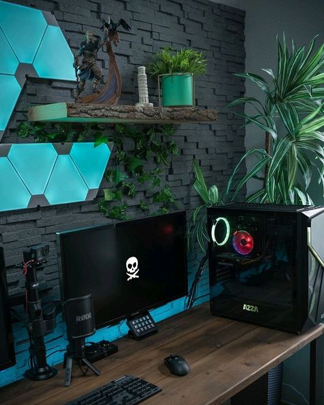 Natural Gamer Setup, Aesthetic Gaming Setup Plants, Gaming Room With Plants, Plant Gaming Room, Plant Gamer Room, Natural Gaming Setup, Gaming Setup With Plants, Gaming Setup Plants, Plant Gaming Setup