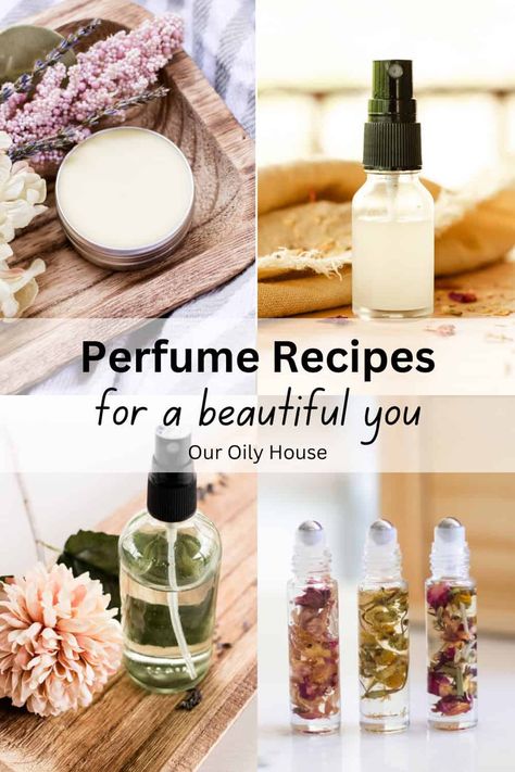 Craft your own luxurious perfumes and signature scents with this collection of DIY perfume recipes. With only natural ingredients and essential oils for fragrance, you can feel great using homemade perfume on your skin. Diy Perfume Spray Essential Oils, Organic Perfume Diy, Vanilla Hair Perfume Diy, Herbal Perfume Recipes, Homemade Rose Perfume, Alcohol Free Perfume Diy, Homemade Essential Oil Gifts, Diy Jasmine Perfume, Witchy Perfume Recipes