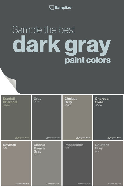 Sample the best dark gray paint colors with Samplize to enhance your living space effortlessly! Cool Tone Grey Paint Colors, Indoor Grey Paint Colors, Home Depot Grey Paint Colors, Dark Gray Color Scheme, Best Dark Grey Exterior Paint Color, Colors That Compliment Gray, Dark Greige Paint Colors, Slate Gray Paint, Dark Grey Color Scheme