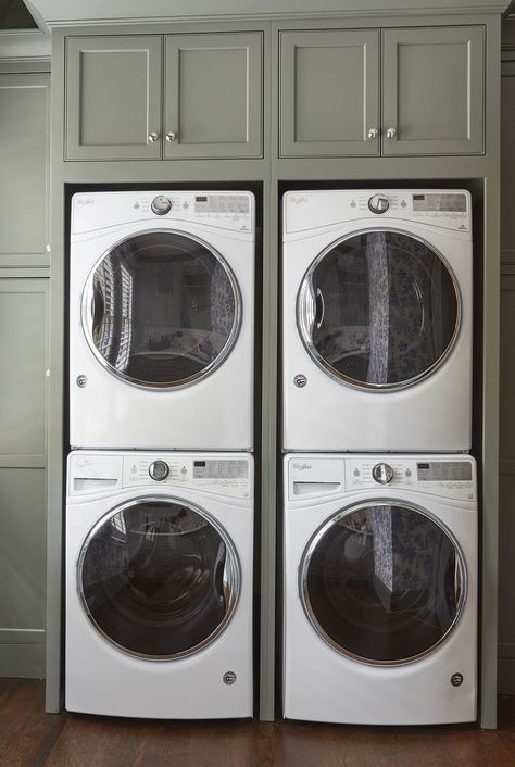 set of two washer and dryer, stacked with green cabinets Lg Stackable Washer Dryer Laundry Room, Laundry Room With Gray Washer And Dryer, 2 In 1 Washer And Dryer Laundry Room, Laundry Room With 2 Washers And Dryers, Double Washer And Dryer Laundry Room, Chic Laundry Room Ideas, Laundry Room Closet Ideas, Chic Laundry Room, Washer Dryer Laundry Room