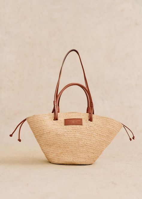 Justine Basket - Natural Raffia  - Raffia - Sézane Denim Suit, Woven Raffia, Basket Bag, Best Bags, Small Leather Goods, Green Leather, Leather Goods, Parisian Style, Embroidered Flowers