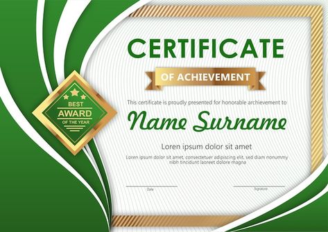 Green and gold certificate template | Premium Vector #Freepik #vector #winner-certificate #certificate #corporate-certificate #certificate-achievement Gold Certificate Template, Winner Certificate, Bg Images, Certificate Of Recognition Template, Green Certificate, Certificate Border, Certificate Background, Editable Certificates, Certificate Design Template