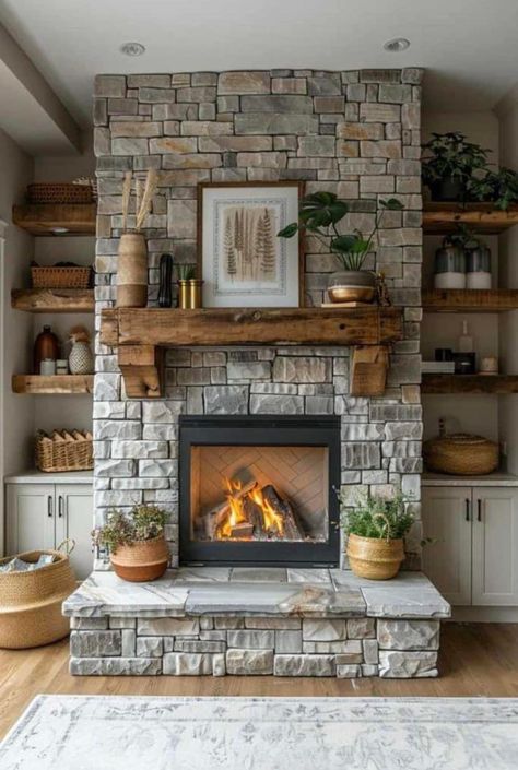 Corner Stone Fireplace, Stone Fireplace Decor, Farmhouse Fireplace Ideas, Biophilic Interior, Rustic Stone Fireplace, Wood Mantle Fireplace, Farmhouse Fireplace Decor, Fireplace Diy, Cottage Fireplace