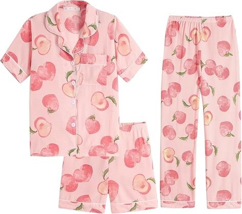 Amazon.com: Hupohoi Big Girls Button Down Pajama Set 3pcs Short Sleeve Long Pants with Shorts Crepe Wrinkled Fabric Sleepwear Cute Patterns Nighty, Pink Peach, 14: Clothing, Shoes & Jewelry Wrinkled Fabric, Satin Pjs, Cotton Nightgown, Satin Pyjama Set, Satin Pajamas, Pink Peach, Kids Pajamas, Pajama Sets, Long Sleeve Pyjamas