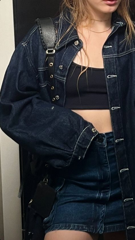 Denim Skirt Outfit Short, Denim Jacket Skirt Outfit, Denim Jacket And Skirt Outfit, Denim Jacket Aesthetic, Denim Jacket And Dress, Long Denim Shirt, Denim Shirt Jacket, Classy Fashion, Outfit Jeans