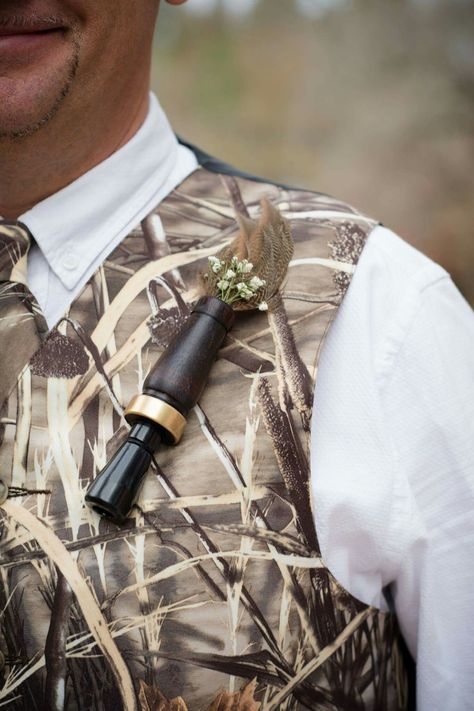 Duck Theme Wedding, Duck Call Boutonniere, Duck Hunter Wedding Ideas, Duck Hunter Wedding, Duck Hunting Wedding Ideas, Hunting Wedding Ideas, Hunting Themed Wedding, Duck Hunting Wedding, Duck Feather Boutonniere