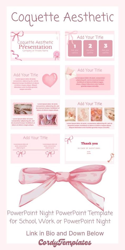 Coquette Aesthetic PowerPoint for PowerPoint Night Coquette Powerpoint Template, Coquette Powerpoint, Coquette Slideshow, Canva Presentation Ideas Aesthetic, Cute Google Slides Ideas, Coquette Presentation, Slideshow Aesthetic, Canva Aesthetic Template, Powerpoint Night Ideas