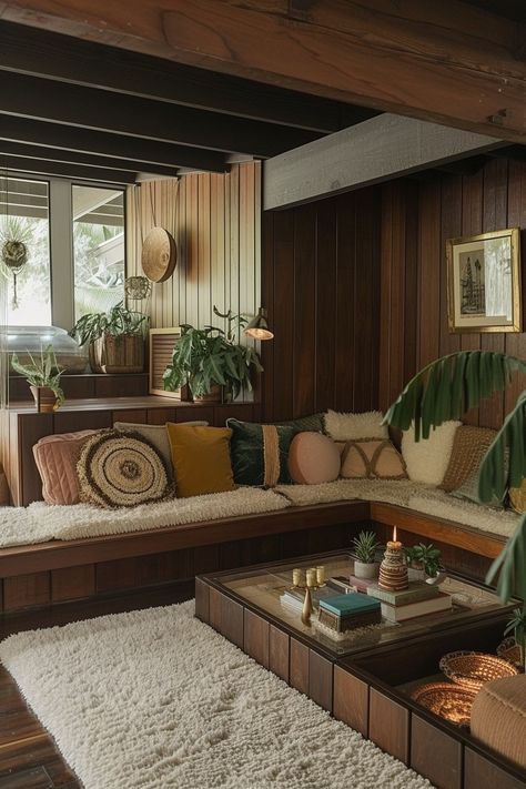 Electric Interior Design Style, 60s House Aesthetic, 70s Architecture Interiors, Architecture Brainstorming, 60s Home Aesthetic, Conversation Pit 70's, 70s Bungalow, Palm Springs Interior Design, 70’s House