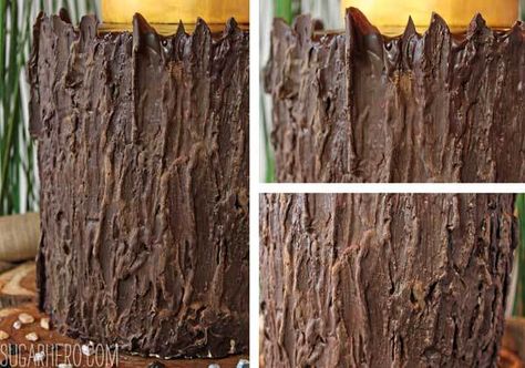 Wild things Chocolate Tree Bark Tutorial, How To Make Tree Bark For Cake, How To Make Chocolate Bark For A Cake, Tree Bark Cake Tutorial, Tree Trunk Cake Tutorial, Chocolate Tree Bark, Tree Bark Cake, Wildlife Cake, Tree Trunk Cake