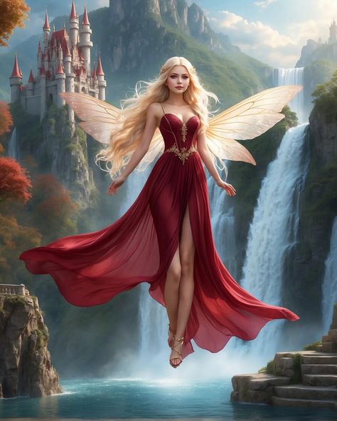 Maroon Red Dress, Blonde Fairy, Iridescent Wings, Fairytale Creatures, Light Fairy, Unicorn And Fairies, Headshots Women, Dinner Dress Classy, Fantasy Princess