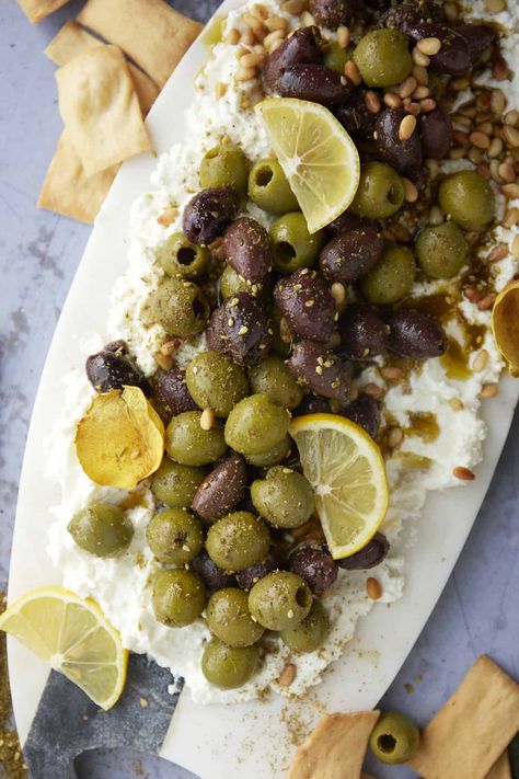 Easy Feta Board with Marinated Olives Olive Feta Board, Feta Board, Babaganoush Recipe, Roasted Olives, Butter Board, Vegan Birthday, Food Dolls, Whipped Goat Cheese, Marinated Olives