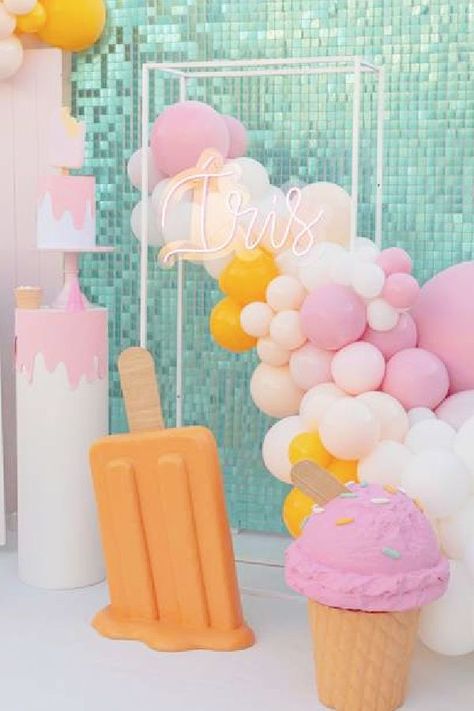 Styrofoam Party Decorations, Ice Cream Party Ideas Birthdays, Ice Cream Decorations Party, Beach Babe Birthday Party, Ice Cream Theme Birthday Party Decoration, Ice Cream First Birthday Girl, Ice Cream Pinata, Ice Cream Party Bar, Ice Cream Birthday Party Decorations