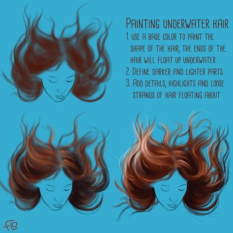 Art with Flo on Instagram: “🌊How to paint underwater hair🌊 Painted in Photoshop CS5 using a Wacom Intuos3 pen tablet. Have a wonderful weekend everyone! ❤ . . . .…” Underwater Drawing Reference, Hair Underwater Drawing, Face Underwater, Paint Underwater, Hair Underwater, Drawing Underwater, Underwater Hair, Hair References Drawing, Art With Flo