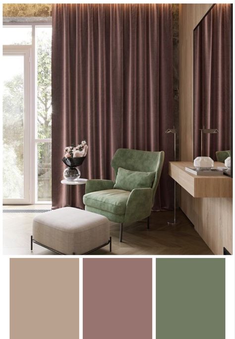 Sage And Eggplant Bedroom, Mauve Olive Bedroom, Aubergine And Green Bedroom, Mauve And Green Kitchen, Olive Green And Plum Living Room, Mauve Couch Living Room Ideas, Aubergine And Green Interiors, Apartment Colour Palettes, Olive Green And Mauve Bedroom