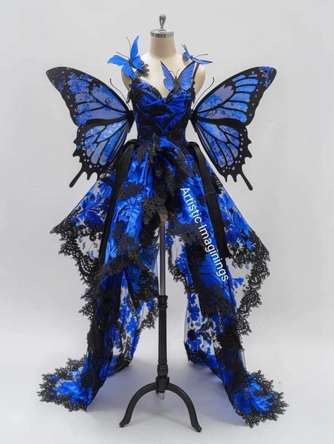 Blue Butterfly Outfit, Butterfly Inspired Outfit, Elven Dresses, Butterfly Cosplay, Butterfly Wing Dress, Masquerade Ideas, Blue Caterpillar, Butterfly Dresses, Butterfly Wings Costume