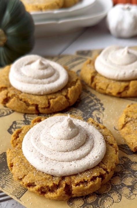 Sweet Monkey Pumpkin Cookies, Pumpkin Frosted Sugar Cookies, Fall Frosted Cookies, Less Sweet Cookies, Pumpkin Crumbl Cookie, Wet On Wet Fall Cookies, Pumpkin Cookies With Maple Frosting, Pumpkin Frosted Cookies, Pumpkin Cookies With Frosting