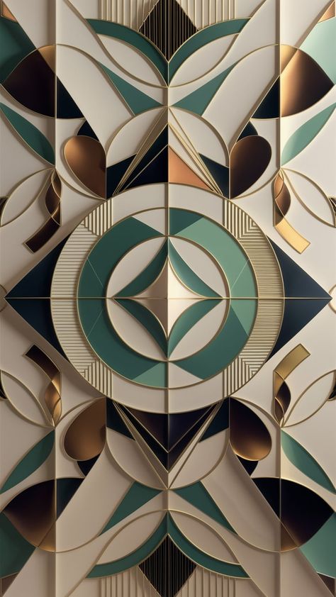 Transform your space with our Art Deco Minimalism wallpaper, showcasing intricate patterns and bold shapes. Experience the harmonious blend of pastel hues and vibrant accents, featuring overlapping circles, triangles, and hexagons. This modern design incorporates optical illusions and exudes balance and symmetry, creating a contemporary art experience that captivates. Perfect for any stylish interior! #GeometricWallpaper #ArtDeco #InteriorDesign Symmetry Interior Design, Art Deco Colour Palette, Wall Penal, Manhattan Bedroom, Art Deco Color Scheme, Art Deco Color Palette, Art Deco Pattern Geometric, Art Deco Mood Board, Art Deco Circle