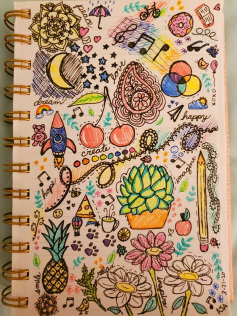 Happy Drawings Doodles Art Journals, Colourful Doodles Aesthetic, How To Fill A Page With Doodles, Doodles That Fill The Whole Page, Doodle Art Page, Drawings To Fill A Page, Simple Doodles With Color, Page Filling Drawings, Things That Make Me Happy Doodles