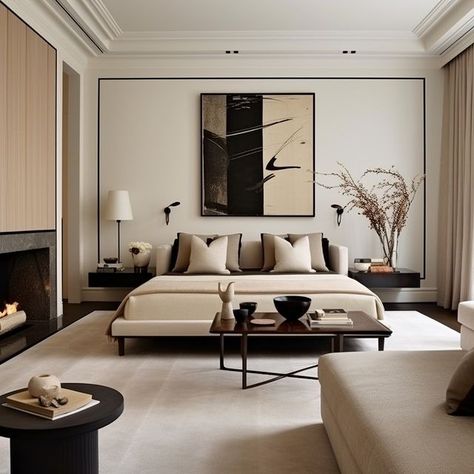 Wind The Key | A home tour of a contemporary luxury London townhouse in cream and black tones. A beautiful mix of understated and bold features. We'll… | Instagram Transitional Luxury Bedroom, Stone And Black Bedroom, Grey White And Cream Bedroom, Black And Cream Interior Design, Ivory And Black Bedroom, Living Room Black And Wood, Black And Oak Bedroom, Guest Bedroom Ideas Black, Modern Classical Bedroom