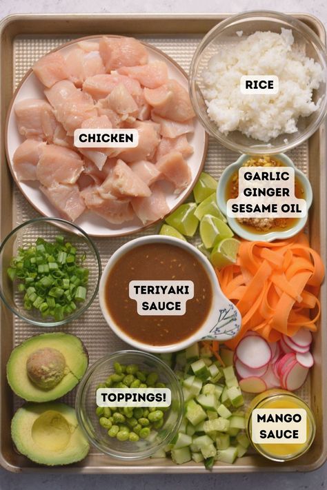 20-minute Teriyaki Chicken Poke Bowl Recipe - Joy to the Food Sushi Bowl With Chicken, Poke Bowl Chicken Teriyaki, At Home Poke Bowl Recipe, Teriyaki Chicken Poke Bowl, Smoked Salmon Poke Bowl Recipe, Cooked Poke Bowl, Yoshinoya Chicken Bowl Recipe, At Home Poke Bowl, Poke Bowl Chicken