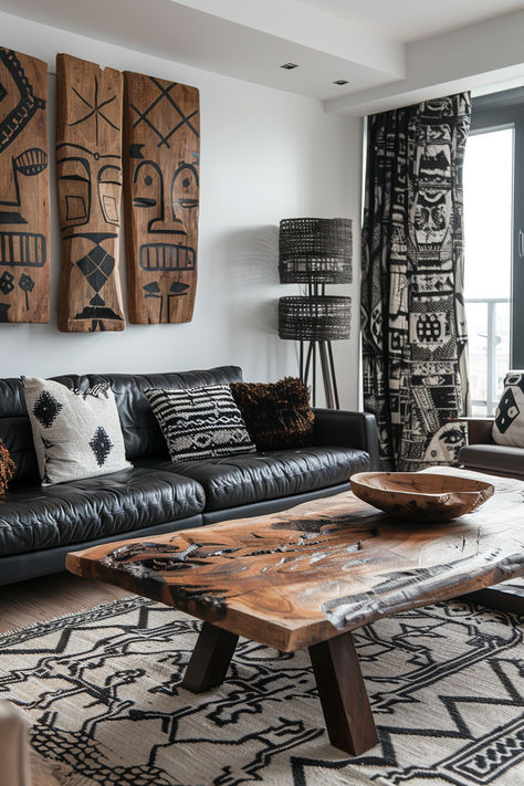 afrohemian livingroom, african theme living room, living room inspo, boho living room African Themed Home Decor, Afro Chic Home Decor Living Room, African Coffee Table, Global Decor Living Room, Afrocentric Decor Living Rooms, Afrohemian Decor Living Room, African Interior Design Living Rooms, Afro Chic Home Decor, Diy African Decor