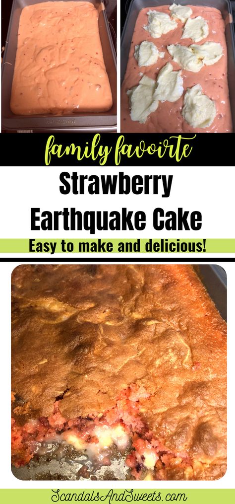 Strawberry Earthquake Cake is a yummy easy dessert idea when you're in a pinch for time!  It starts with a strawberry cake mix and you don't need to frost it because the cream cheese icing is inside the cake! Strawberry Cake Mix Dump Cake, Strawberry Cake Mix Add Ins, Desserts With Strawberry Cake Mix Boxes, Dont Mix It Cake Recipes, Recipes Using Strawberry Cake Mix Boxes, Strawberry Cake Mix Desserts, Strawberry Cake Mix Ideas, Strawberry Box Cake Recipes, Box Strawberry Cake Mix Ideas