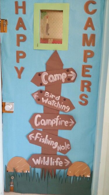 Camping Theme Doors At School, Camping Theme Preschool Decorations, Camping Decor For Classroom, Camp Door Decorations Classroom, Camping Crafts Preschool Art, Camper Classroom Door, Camp Theme Classroom Door, Classroom Door Camping Theme, Camping Classroom Door Ideas