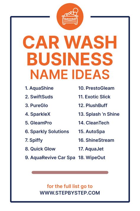 Shine bright with these fun and catchy car wash business name ideas! Perfect for attracting customers who love a sparkling clean ride. Car Names Ideas, Car Names, Business Name Generator, Business Name Ideas, Car Wash Business, Creative Car, Name Ideas, Cleaning Business, Business Problems