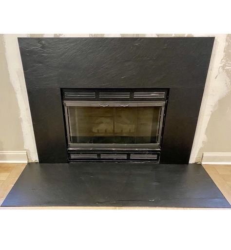 VALONGO BLACK™ natural cleft slate fireplace surround and hearth Slate Fireplace Surround Farmhouse, Black Slate Fireplace Surround, Black Hearth Fireplace, Grey Slate Fireplace, Black Tile Fireplace Surround, Black Slate Fireplace, Granite Fireplace Surround, Tile Around Fireplace, Brick Fireplace Decor