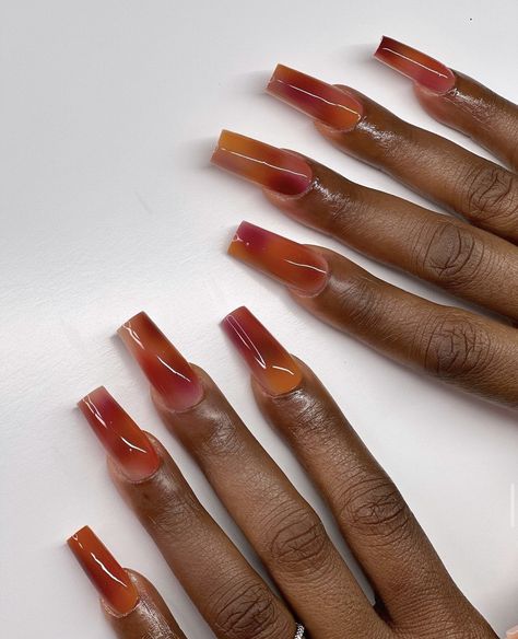 Burnt Orange Coffin Acrylic Nails, Aura Nails On Dark Skin, Jelly Amber Nails, Orange Tone Nails, Jelly Square Nails, Red Ink Dark Skin, Jelly Orange Nails, Nails Square Colorful, Orange Theme Nails