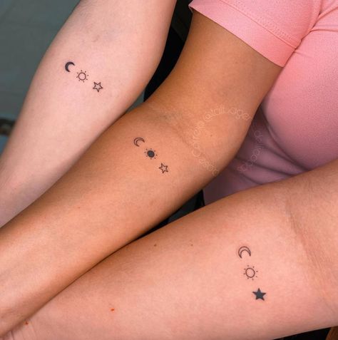 Matching sun, moon and star tattoo for mother and Tattoo For Mother, Moon And Star Tattoo, Sun And Moon Matching, Matching Mother Daughter Tattoos, Matching Family Tattoos, Maching Tattoos, Cute Matching Tattoos, Small Matching Tattoos, Small Girly Tattoos