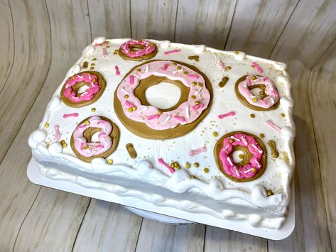 Donut Sheet Cake, Birthday Donut Cake, Sheet Cake Ideas, Donut Birthday Cake, Slab Cake, Birthday Sheet Cakes, Birthday Donuts, Donut Birthday, 1st Birthday Themes