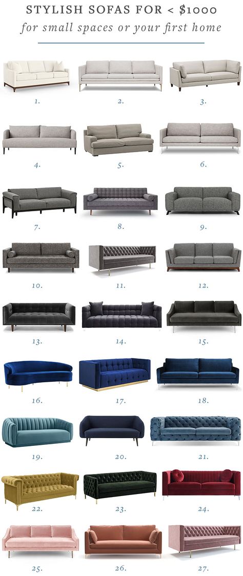 Stylish modern comfortable sofas for under $1000 for small spaces (or your first home). #smallspaces #shopping #homedecor #interiors #interiordesign #firsthome #couch #sofa #affordabledecor #under1000 Small Bedroom Sofa, Små Rum Lidt Plads, Comfortable Sofas, Latest Sofa Designs, Luxury Sofa Design, تصميم داخلي فاخر, Modern Sofa Living Room, Desain Furnitur Modern, Sofas For Small Spaces