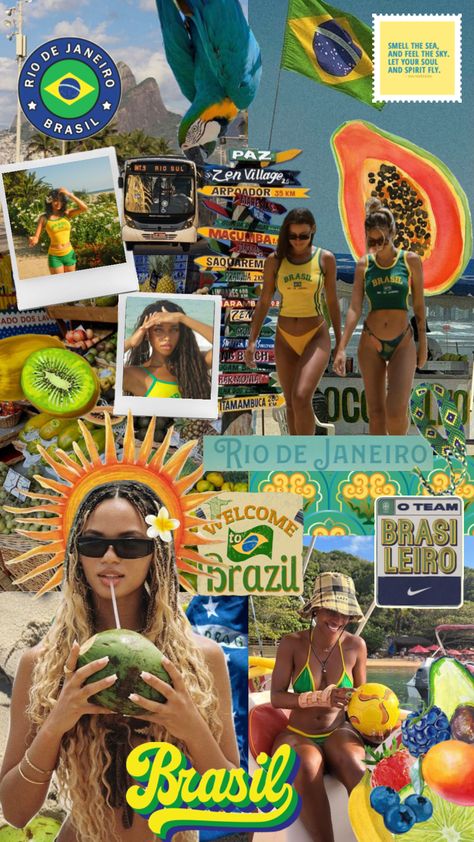 Summer in Brazil! 🪲🥥🌊 #aesthetic #summer #model #sun #travel #brazil #brazilsummer #green #yellow #blue #coconutgirl #waterfall #bikiniseason Samba Brazil, Beautiful Vision Boards, Brazil Wallpaper, Brazil Aesthetic, Travel Brazil, Brazil Beaches, Ocean Themed Bedroom, Travel Collage, Surf Poster