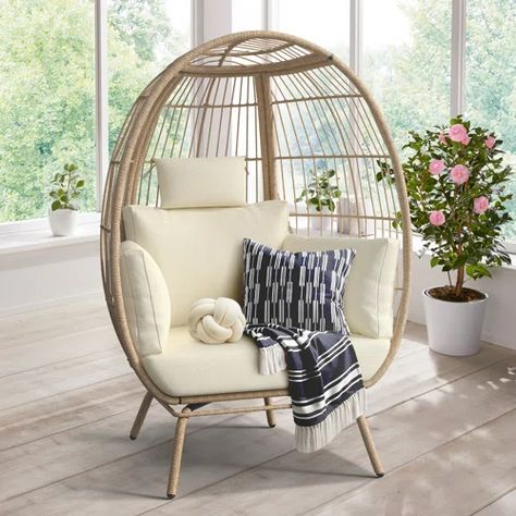 Garden Chairs | Wayfair Wicker Egg Chair, Egg Chairs, Basket Chair, Outdoor Loungers, Hanging Egg Chair, Cozy Seats, Patio Lounge Chairs, Egg Basket, Beige Cushions