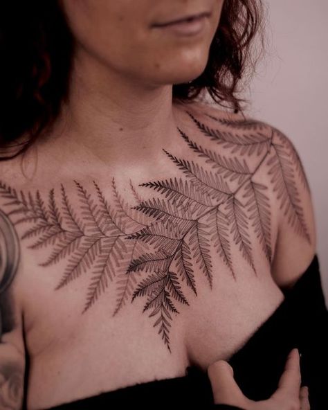 Fern Tattoo Shoulder Woman, Fern Tattoo Neck, Fern Stomach Tattoo, Thigh Fern Tattoo, Fern Calf Tattoo, Staghorn Fern Tattoo, Foliage Chest Tattoo, Fern Arm Tattoos For Women, Fern Chest Tattoo Female