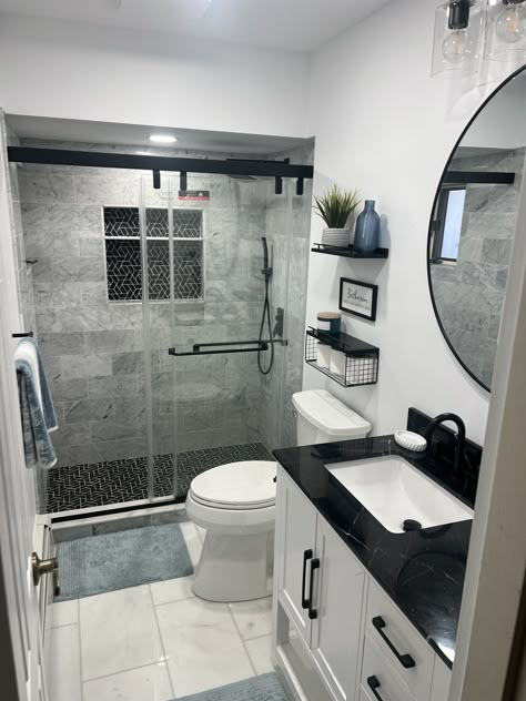 Condo Bathroom Ideas, Small Full Bathroom Remodel, Bathroom Wall Tile Design, Restroom Remodel, Grey And White Bathroom, Small Full Bathroom, Man Bathroom, Half Bathroom Decor, Condo Bathroom